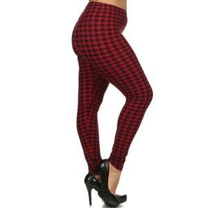 (Plus) Curvy Black Red Houndstooth Pattern Print Leggings
